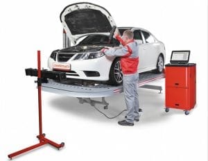 A mechanic works on a car using the AccuView system